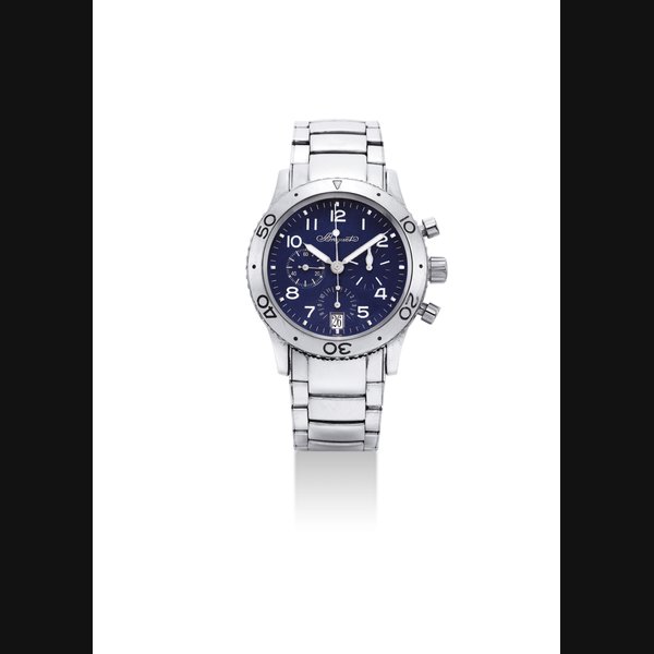 BREGUET. AN 18K WHITE GOLD AUTOMATIC FLYBACK CHRONOGRAPH WRISTWATCH WITH DATE SIGNED BREGUET, TYPE XX, TRANSATLANTIQUE MODEL, REF. 3820, CASE NO. 42'972, CIRCA 2000
