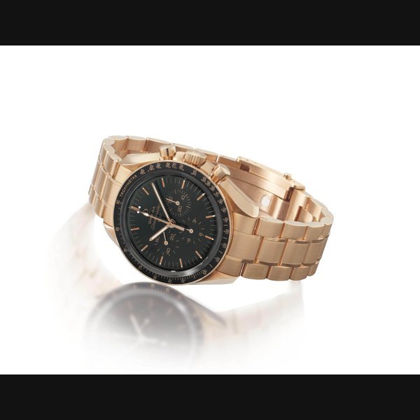 Omega Omega. A Fine and Rare 18k Pink Gold Limited Edition Chronograph Wristwatch with Enamel Dial and Bracelet SIGNED OMEGA, SPEEDMASTER 56/57, PROFESSIONAL MOONWATCH CO-AXIAL 50TH ANNIVERSARY LIMITED SERIES MODEL, NO. 56/57, CASE NO. 78328480, CIRCA 2007