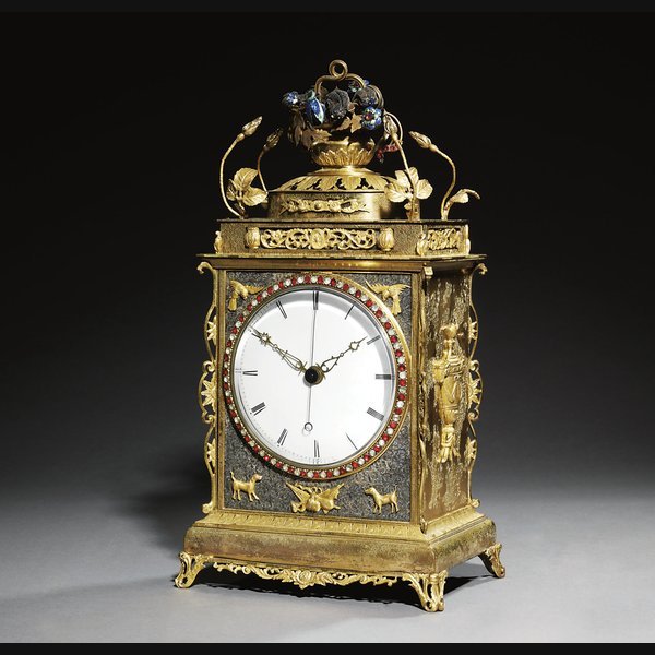  A Chinese gilt-metal and silvered quarter striking table clock with duplex escapement PROBABLY GUANGZHOU WORKSHOPS. JIAQING PERIOD (1760-1820), EARLY 19TH CENTURY.