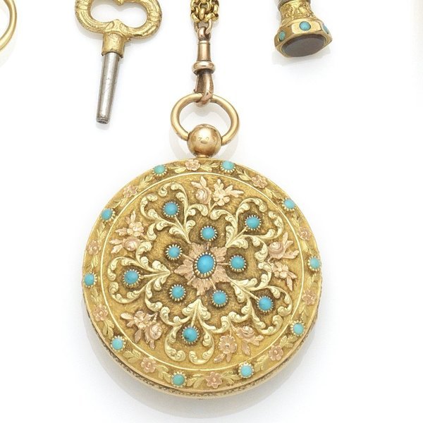 A continental gold and turquoise set key wind open face pocket watch with chatelaine Circa 1820