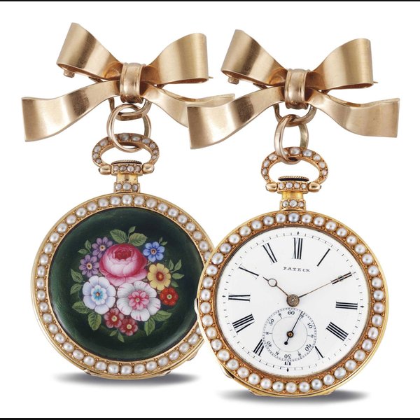 PATECK. A LADY'S 18K PINK GOLD, ENAMEL AND SPLIT-PEARL OPENFACE KEYWOUND PENDANT WATCH SIGNED PATECK, GENEVE, NO. 12197, CIRCA 1850
