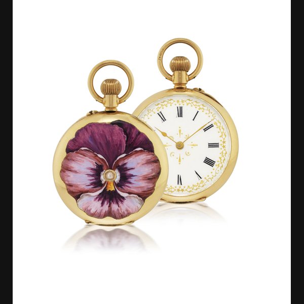SWISS YELLOW GOLD AND ENAMEL OPENFACE KEYLESS PENDANT WATCH CASE 62474, CIRCA 1910