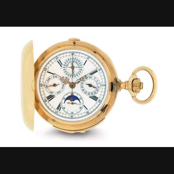 SWISS. A HEAVY 18K GOLD HUNTER CASE MINUTE REPEATING PERPETUAL CALENDAR CHRONOGRAPH KEYLESS LEVER POCKET WATCH WITH MOON PHASES UNSIGNED, CASE NO. 1063, CIRCA 1900