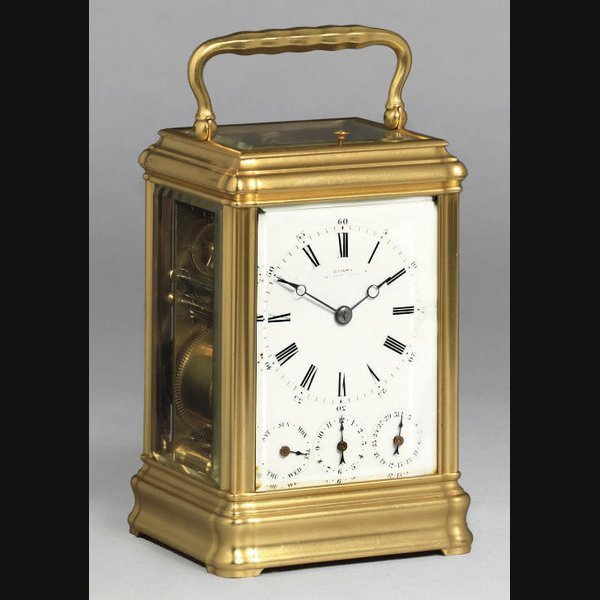A French gilt-brass grande sonnerie eight day carriage clock with full calendar and alarm DROCOURT, NO.10405, RETAILED BY D. MARTIN. CIRCA 1880