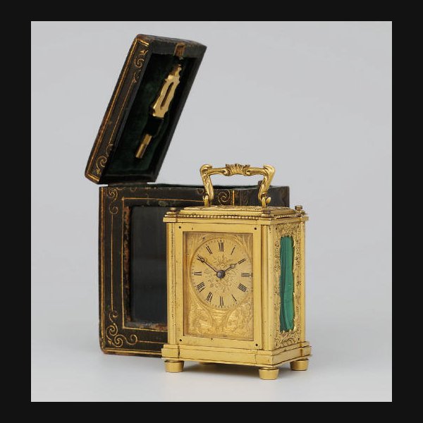 A Victorian miniature engraved gilt-brass and malachite-mounted eight day carriage timepiece THIRD QUARTER 19TH CENTURY