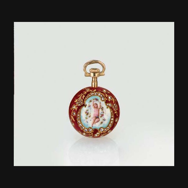 PATEK PHILIPPE. A RARE LADY'S 18K GOLD, DIAMOND AND ENAMEL KEYLESS LEVER PENDANT WATCH SIGNED PATEK PHILIPPE, & CO., GENEVE, MOVEMENT NO. 103245, CASE NO. 214919, RETAILED BY MERRICK, WALSH & PHELPS, ST. LOUIS, MO., MANUFACTURED IN 1895