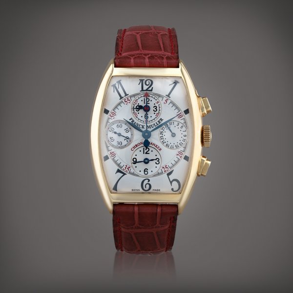 Franck Muller Chronobanker, reference 7850 CC MB    Montre bracelet chronographe en or jaune à triple fuseau horaire et date |  Yellow gold chronograph wristwatch with triple dual time zone and date    Vers 2002 |  Circa 2002