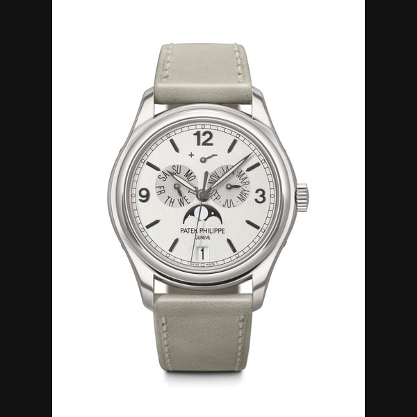 PATEK PHILIPPE. AN INNOVATIVE 18K WHITE GOLD LIMITED EDITION AUTOMATIC ANNUAL CALENDAR WRISTWATCH WITH SWEEP CENTRE SECONDS, MOON PHASES, POWER RESERVE INDICATION AND SILICON ESCAPE WHEEL REF. 5250G-001, MOVEMENT NO. 3'636'010, CASE NO. 4'339'202, CIRCA 2005