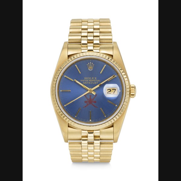ROLEX. A HIGHLY RARE AND DESIRABLE 18K GOLD AUTOMATIC WRISTWATCH WITH DATE, BRACELET, AND 'KHANJAR' DIAL, MADE FOR THE SULTANATE OF OMAN DATEJUST 'KHANJAR' MODEL, REF. 16018, CASE NO. 9'573'608, CIRCA 1987