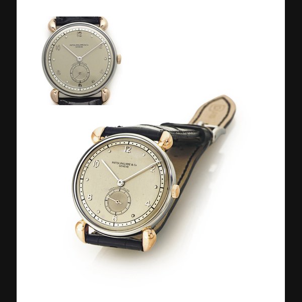 PATEK PHILIPPE. A RARE 18K PINK GOLD AND STAINLESS STEEL WRISTWATCH WITH TWO-TONE DIAL SIGNED PATEK PHILIPPE & CO., GENEVE, RETAILED BY EBERHARD, MILAN, MOVEMENT NO. 911961, CASE NO. 630537, REF. 1461/2, MANUFACTURED IN 1944