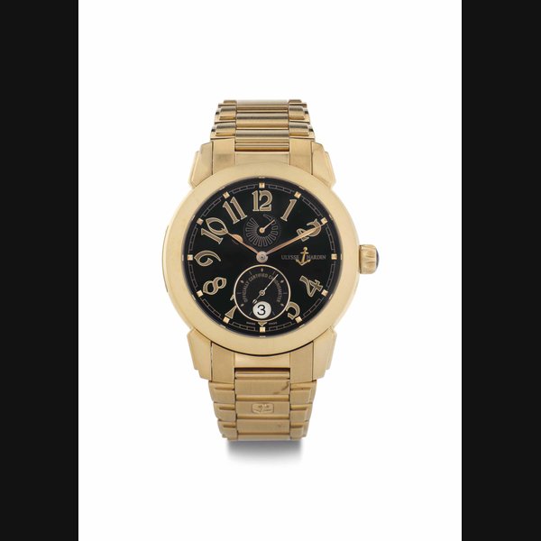 Ulysse Nardin. An 18k Pink Gold Automatic Chronometer Wristwatch with Date, Power Reserve, and Bracelet SIGNED ULYSSE NARDIN, OFFICIALLY CERTIFIED CHRONOMETER, NO. 064, REF. 276-88/52, MOVEMENT NO. UN-27-19-0365, CIRCA 2002
