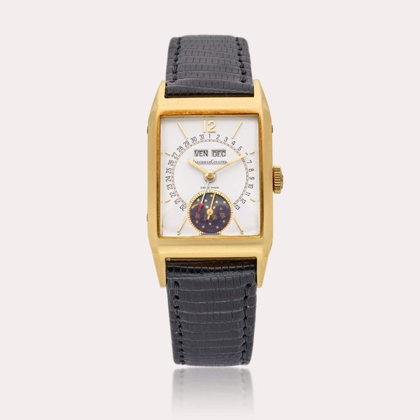 Jaeger-LeCoultre Reference 141.010.1 Serie Unique | A 150th Anniversary limited edition yellow gold rectangular triple calendar wristwatch with moon-phases, Circa 1988