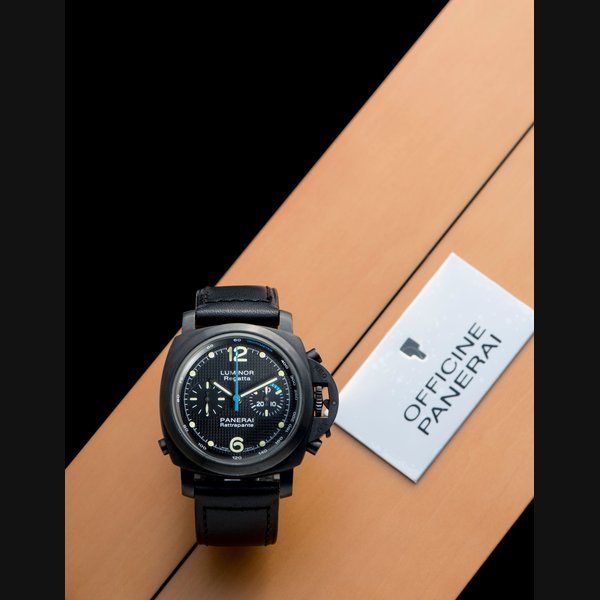 Panerai Panerai. A limited edition DLC coated stainless steel automatic split second chronograph wristwatch with box and papers Luminor 1950 Regatta Rattrapante, Ref:PAM00332, Case No.BB1337015, No.L050/500, Sold 1st August 2009