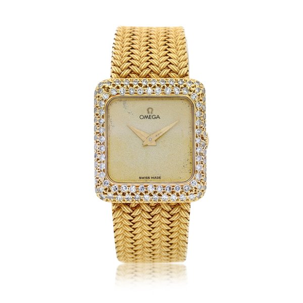 Omega Reference 7402  A yellow gold and diamond-set square shaped bracelet watch, Circa 1979