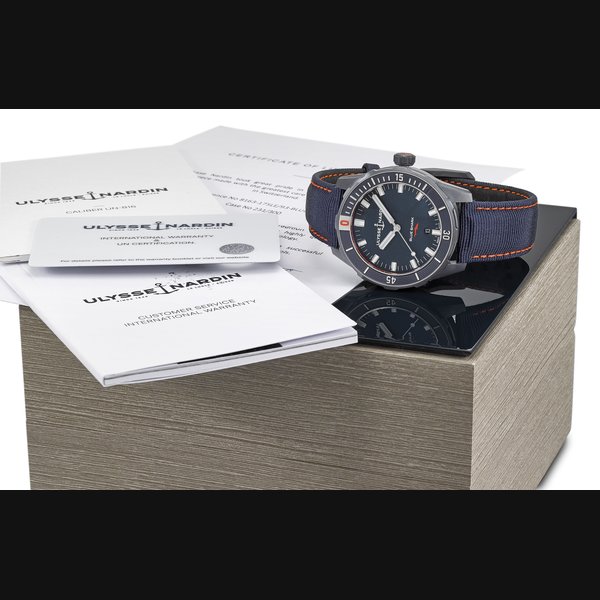 ULYSEE NARDIN. A BLACK PVD-COATED STAINLESS STEEL AUTOMATIC LIMITED EDITION WRISTWATCH WITH DATE, ORIGINAL WARRANTY AND BOX SIGNED ULYSSE NARDIN, REF. 8163-175, BLUE SHARK, 300M, LIMITED EDITION 231/300, CIRCA 2019