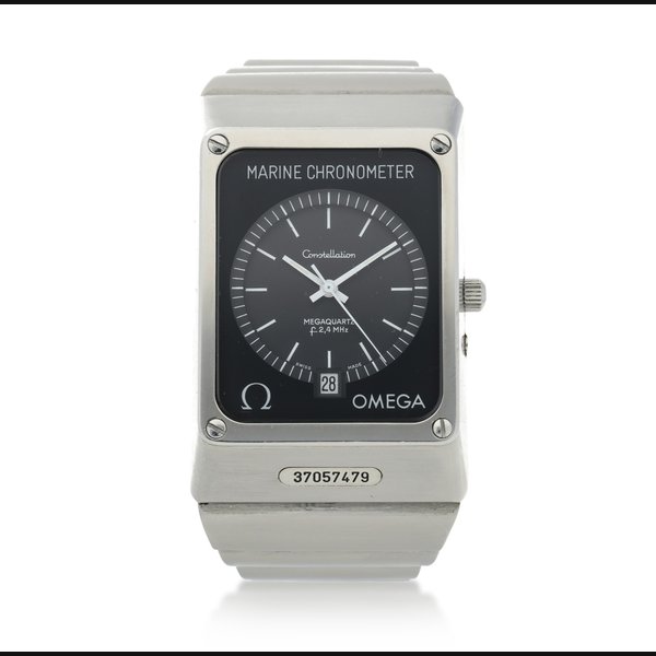 Omega Reference 198.074 Marine Chronometer Constellation Megaquartz A stainless steel rectangular wristwatch with date and bracelet, Circa 1973
