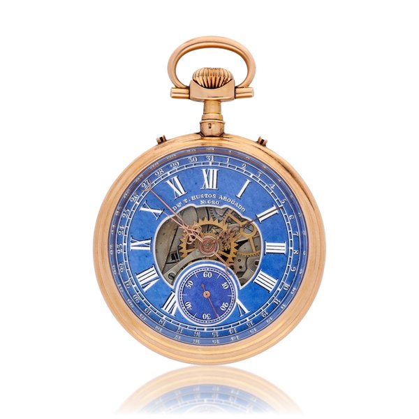 Swiss Dor T. Bustos Abogado No. 620 A pink gold open-faced skeletonized watch with blue chapter ring and calendar Circa 1890, Price & Market Data