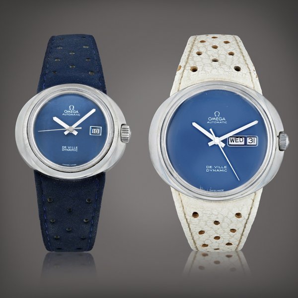 Omega Deville Dynamic     Paire de montres bracelet en acier avec date |  Set of 2 stainless steel wristwatches with date    Vers 1970 |  Circa 1970