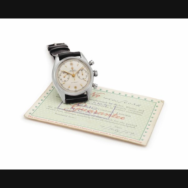 Rolex Rolex. A Fine and Rare Stainless Steel Chronograph Wristwatch with Guarantee SIGNED ROLEX, OYSTER CHRONOGRAPH, ANTI-MAGNETIC, REF. 4500, CASE NO. 497'603, CIRCA 1959