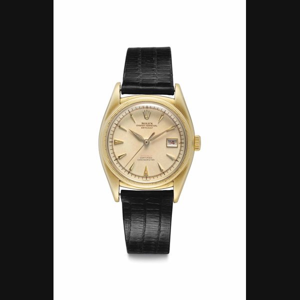 Rolex Rolex. A Fine 14k Gold Automatic Wristwatch with Red Date and Center Seconds Signed Rolex, Oyster Perpetual, Datejust, Officially, Certified, Chronometer, Ref. 6105, Case No. 846’943, Circa 1952