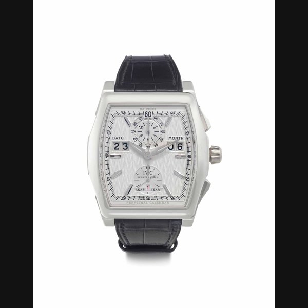 IWC. A Fine and Large Platinum Tonneau-Shaped Automatic Limited Edition Perpetual Calendar Chronograph Wristwatch SIGNED IWC, SCHAFFHAUSEN, DA VINCI PERPETUAL CALENDAR DIGITAL DATE-MONTH MODEL, REF. 3761, NO. 033/500, CASE NO. 3'433'420, CIRCA 2008