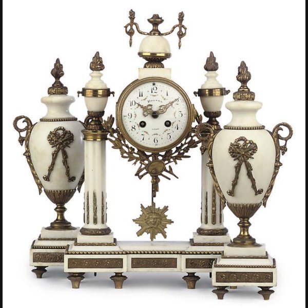 A French white marble and gilt-bronze mounted striking eight day portico mantel clock and garniture DREVON, LYON, MOVEMENT BY JAPY FRÈRES. EARLY 20TH CENTURY