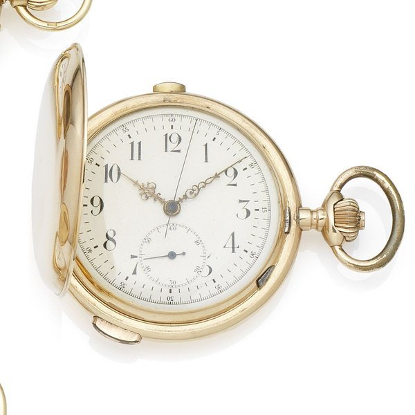 Swiss. A 14K gold keyless wind quarter repeating chronograph full hunter pocket watch Case No.93158, Circa 1890