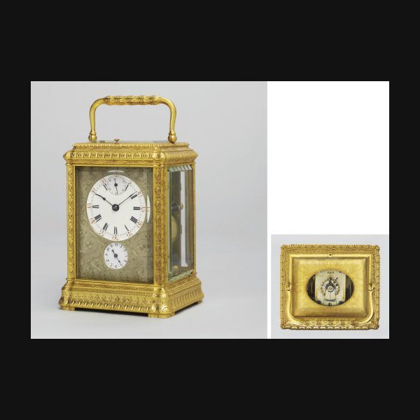A French large engraved gilt-brass striking and repeating eight day carriage clock with centre seconds and alarm JOSEPH SOLDANO, NO.4701. CIRCA 1880