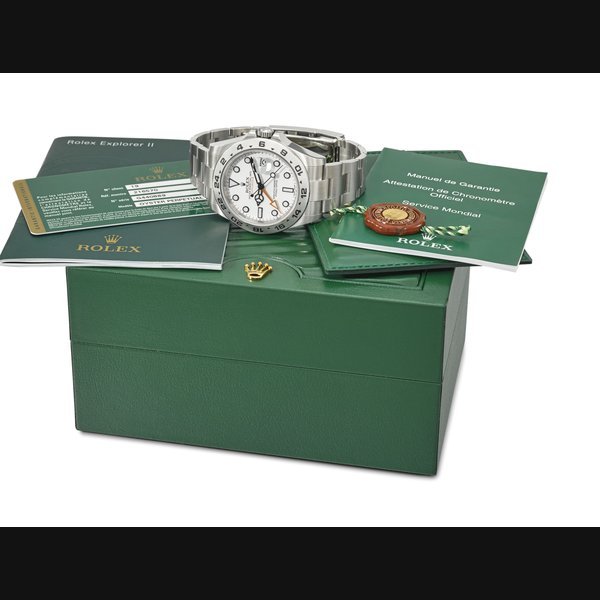 Rolex ROLEX. A STAINLESS STEEL AUTOMATIC DUAL TIME WRISTWATCH WITH SWEEP CENTRE SECONDS, DATE, 24 HOUR HAND, BRACELET, ORIGINAL GUARANTEE AND BOX SIGNED ROLEX, OYSTER PERPETUAL DATE, EXPLORER II, REF. 216570, CASE NO. G440889, CIRCA 2011 · 216570