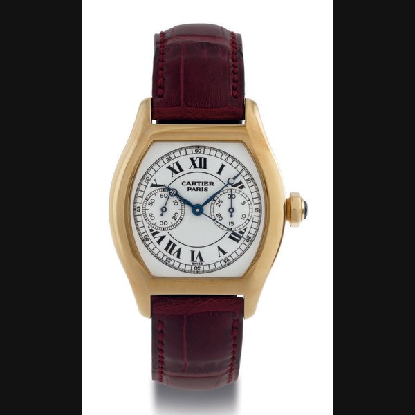 CARTIER. A FINE 18K GOLD TONNEAU SINGLE BUTTON CHRONOGRAPH WRISTWATCH SIGNED CARTIER, PARIS, TORTUE, NO. 0278 CC, REF. 2356, CIRCA 1998