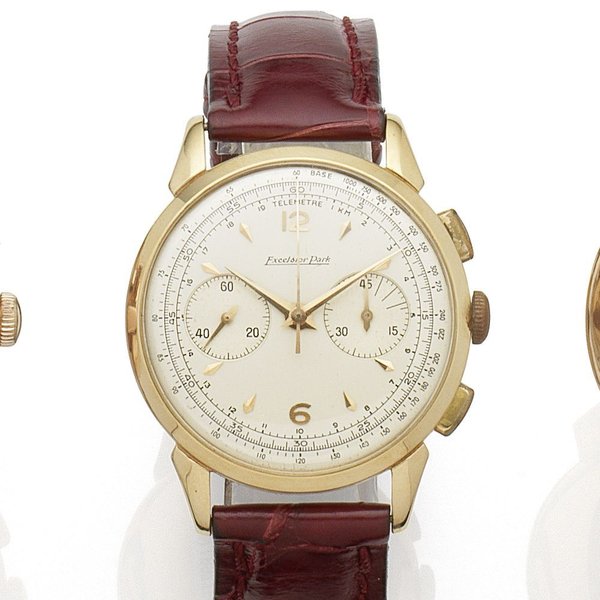  Excelsior Park. An 18K rose gold manual wind chronograph wristwatch Case No.897678, Circa 1945, Price & Market Data