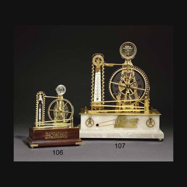 A miniature brass and mahogany constant force water wheel timepiece with barometer and thermometer MODERN