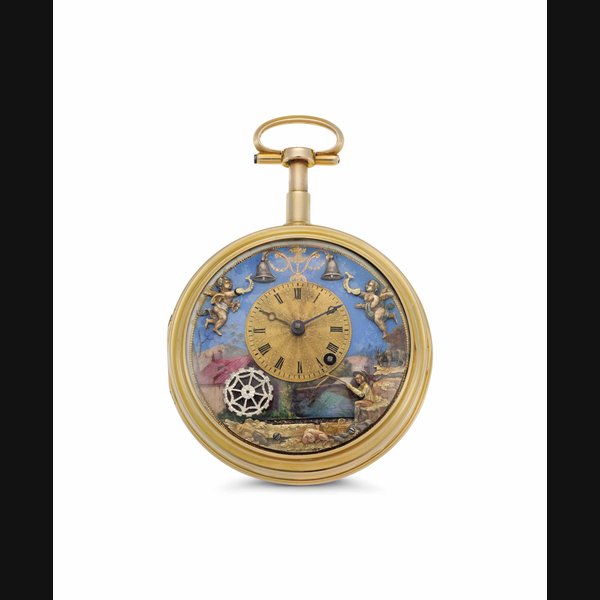 Anonymous. A Rare 18k Gold and Enamel Quarter Repeating Keywound Automaton Watch UNSIGNED, MOVEMENT NO. 22'138, CASE STAMPED L. R., LATE 18TH CENTURY