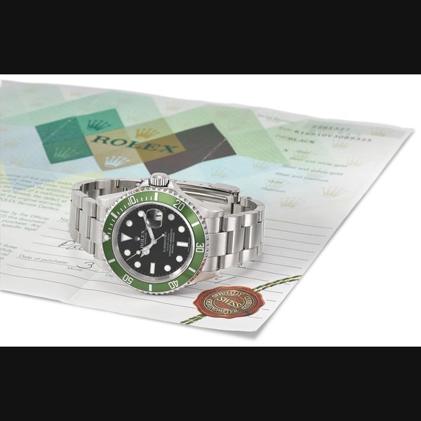 Rolex ROLEX. AN ATTRACTIVE STAINLESS STEEL AUTOMATIC WRISTWATCH WITH SWEEP CENTRE SECONDS, DATE, GREEN BEZEL, BRACELET AND ORIGINAL GUARANTEE SIGNED ROLEX, OYSTER PERPETUAL DATE, SUBMARINER, 1000FT=300M, REF. 16610T, CASE NO. Z261327, CIRCA 2007, Price & Market Data