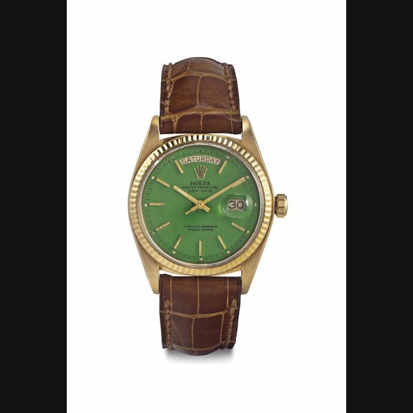 Rolex Rolex. An Attractive 18k Gold Automatic Calendar Wristwatch with Green Lacquered Dial SIGNED ROLEX, OYSTER PERPETUAL, DAY-DATE, REF. 1803, CASE NO. 5'069'255, CIRCA 1977