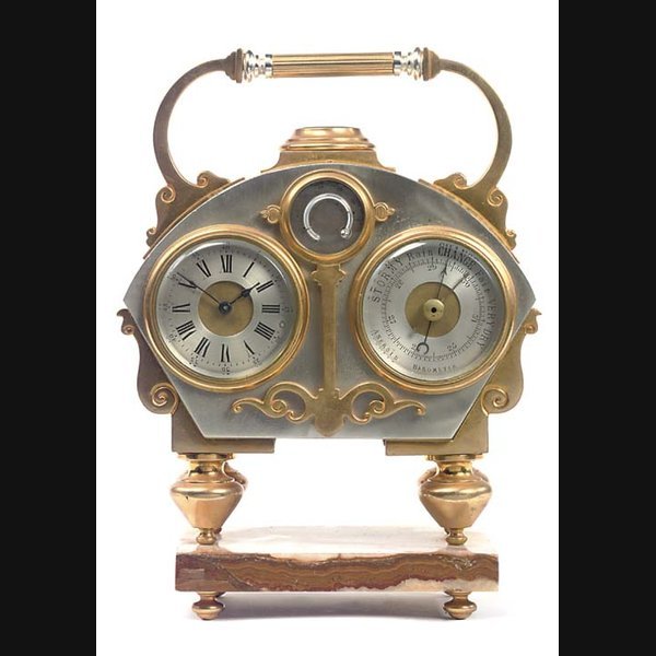 A French gilt and silvered brass and onyx novelty compendium timepiece, circa 1885