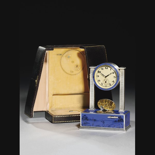  A Swiss silver and enamel timepiece with alarm and singing bird box THE CASE ATTRIBUTED TO CHARLES-ARMAND MARGUERAT, THE CLOCK MOVEMENT BY ANGELUS, GENEVA. CIRCA 1925