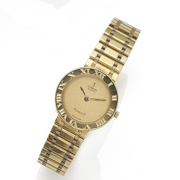 Corum Corum. A lady's 18K gold quartz bracelet watchRomulus, Ref:30.103.56V48, Case No.431603, Movement No.237155, Sold 18th January 1989 · 30.103.56V48
