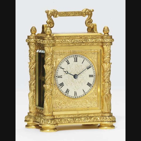 A Victorian gilt-brass eight day timepiece carriage clock NO. 4610. MID 19TH CENTURY