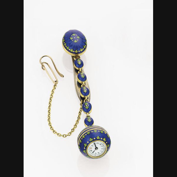 SWISS. AN 18K GOLD AND ENAMEL BALL-FORM CYLINDER WATCH WITH MATCHING CHATELAINE UNSIGNED, NO. 411936, CIRCA 1880