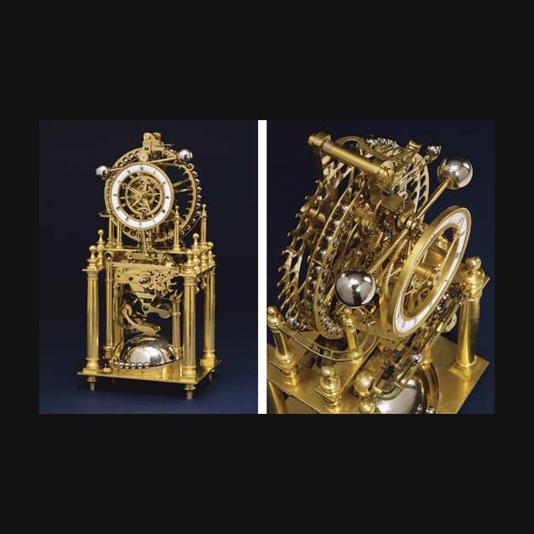 A fine and rare Empire ormolu striking constant force skeleton clock simulating perpetual motion CIRCA 1810