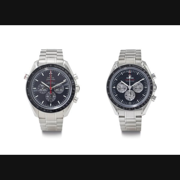 Omega Omega. A Lot of Two Stainless Steel Chronograph Wristwatches BOTH SIGNED OMEGA, THE FIRST OMEGA SPEEDMASTER MOON WATCH CHRONOMETER, NO. 21/357, THE SECOND SPEEDMASTER PROFESSIONAL MOON WATCH, NO. 332/1975, BOTH CIRCA 2011