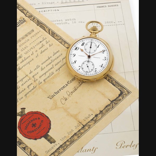 Vacheron Constantin Vacheron Constantin. A Fine and Rare 18k Gold Minute Repeating Openface Keyless Lever Chronograph Pocket Watch with Original Certificate and Bill of Sale SIGNED VACHERON & CONSTANTIN, GENÈVE, MOVEMENT NO. 402'428, CASE NO. 250'919, MANUFACTURED IN 1926