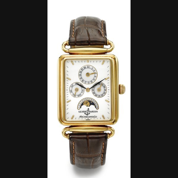 Ulysse Nardin AN 18K YELLOW GOLD RECTANGULAR TRIPLE CALENDAR WRISTWATCH
CIRCA 1990 MICHAELANGELO