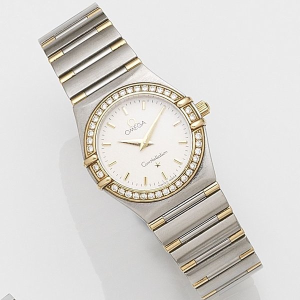 Omega. A lady's stainless steel and gold diamond set quartz bracelet watch Constellation, Ref:895.1201, Case No.56801239, Circa 2005