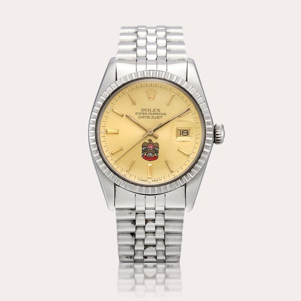 Rolex Datejust, Reference 16030 | A stainless steel wristwatch with UAE Coat of Arms dial, date and bracelet, Circa 1981 | 勞力士 | DateJust 型號16030 | 精鋼鏈帶腕錶，備日期顯示及阿拉伯聯合酋長國國徽錶盤，約1981年製 · 16030