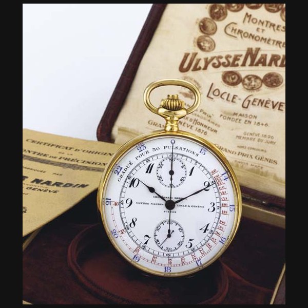 ULYSSE NARDIN. AN 18K GOLD OPENFACE CHRONOGRAPH KEYLESS LEVER POCKET WATCH WITH PULSATIONS, 24 HOURS, ORIGINAL BOX AND CERTIFICATE SIGNED ULYSSE NARDIN, "CHRONOGRAFO MEDICAL", MOVEMENT NO. 203837, CASE NO. 376444, CIRCA 1930