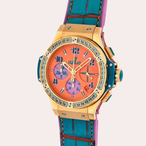 Hublot Big Bang 'Pop Art Yellow Gold Blue', Reference 341.VL.4789.LR.1207.POP15 | A limited edition yellow gold and aquamarine-set chronograph wristwatch with date | Circa 2015 · 341.VL.4789.LR.1207.POP15
