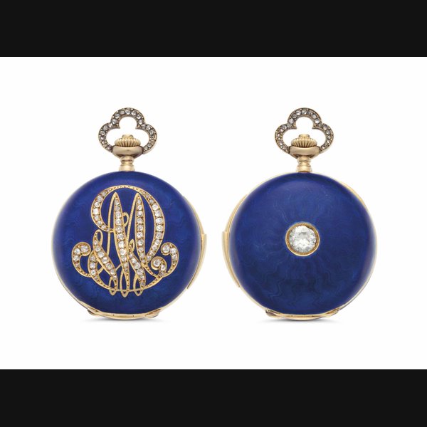 Swiss. A Lady's Fine 18k Gold, Enamel and Diamond-set Minute Repeating Hunter Case Keyless Lever Pendant Watch UNSIGNED, CASE NO. 15'977, LATE 19TH CENTURY