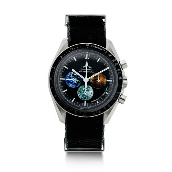 Omega Reference 3577.50.00 Speedmaster 'From the Moon to Mars' A stainless steel chronograph wristwatch with bracelet and earth, moon and mars motif counters, Circa 2005